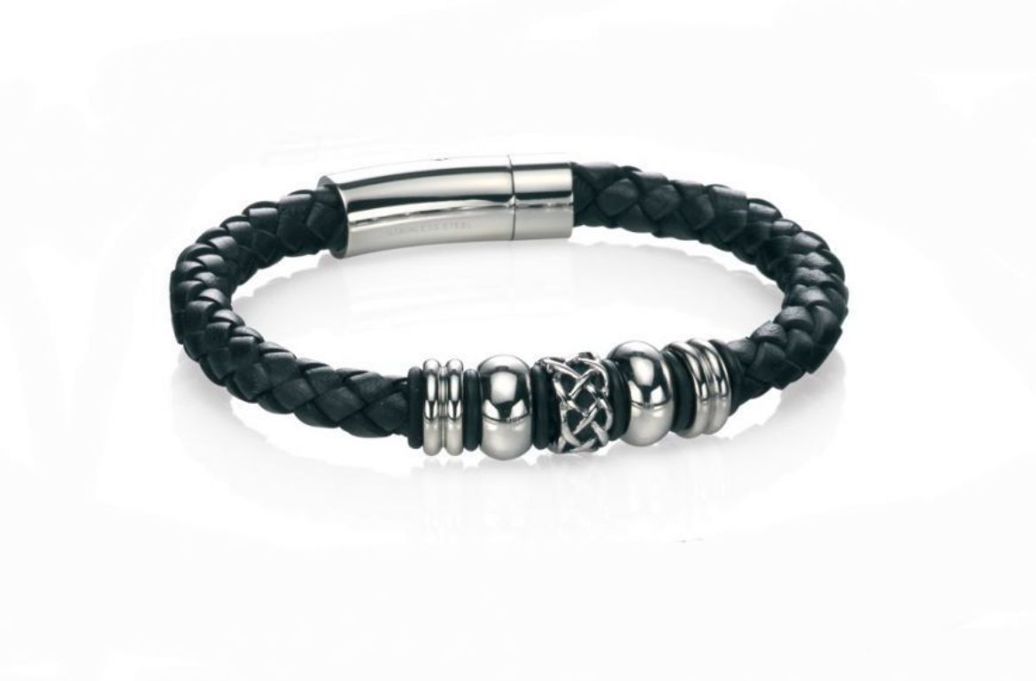 Picture of Stainless Steel Black Leather Celtic Bead Bracelet