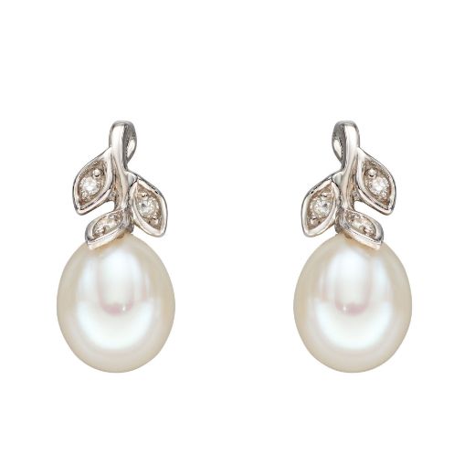 Picture of Pearl and Diamond Leaf Design Earrings
