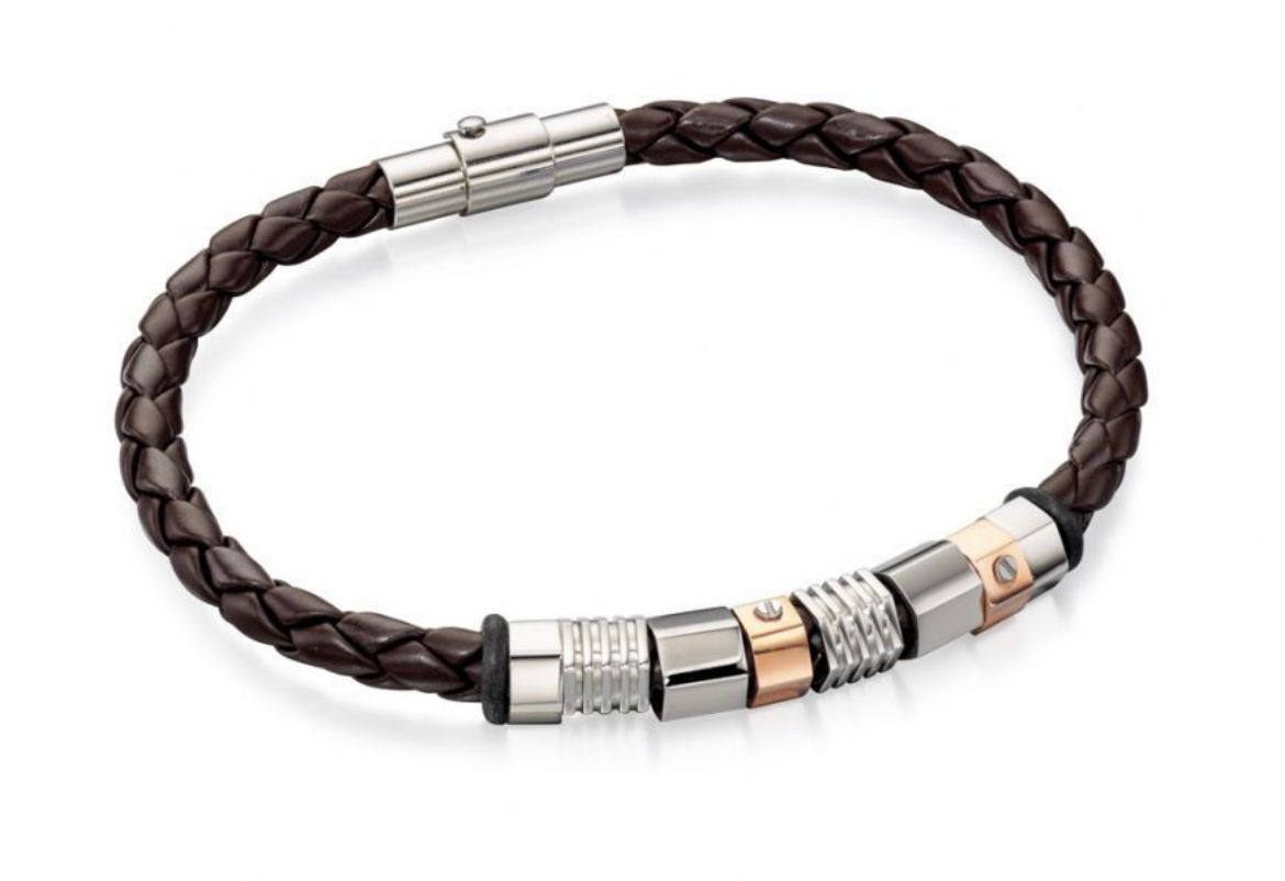 Picture of Fred Bennett Stainless Steel Brown Leather Bracelet With Steel and Rose Beads