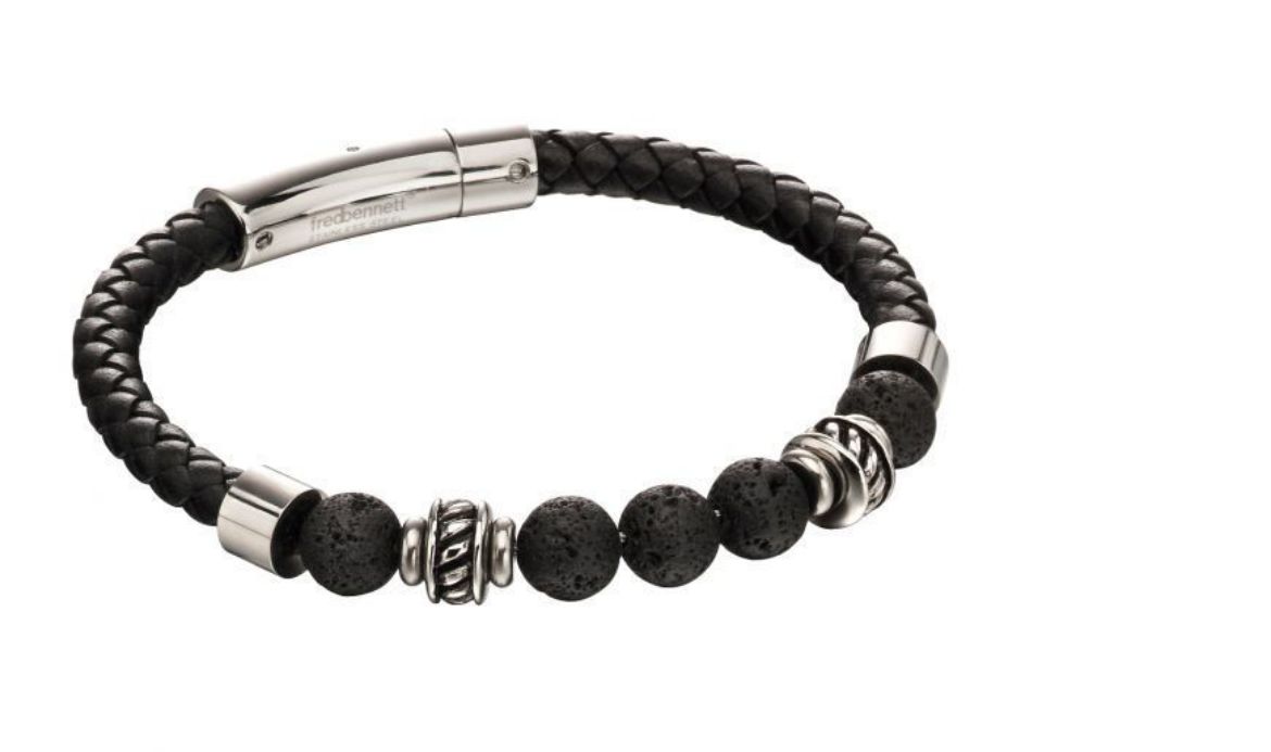 Picture of Black Leather And Lava Bead Bracelet