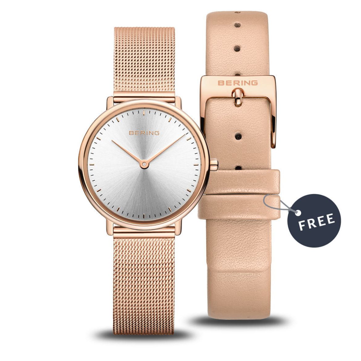 Picture of Rose Gold Ladies Watch with Mesh Strap and Pink Interchangeable Leather Strap