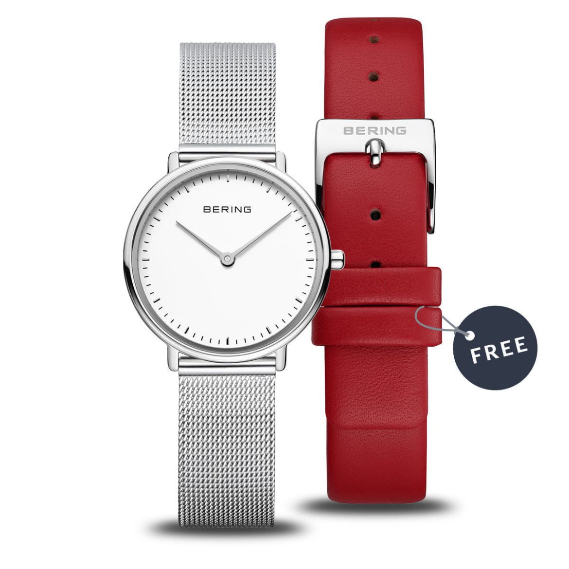Picture of Silver Ladies Watch with Mesh Strap and a Red Interchangeable Leather Strap