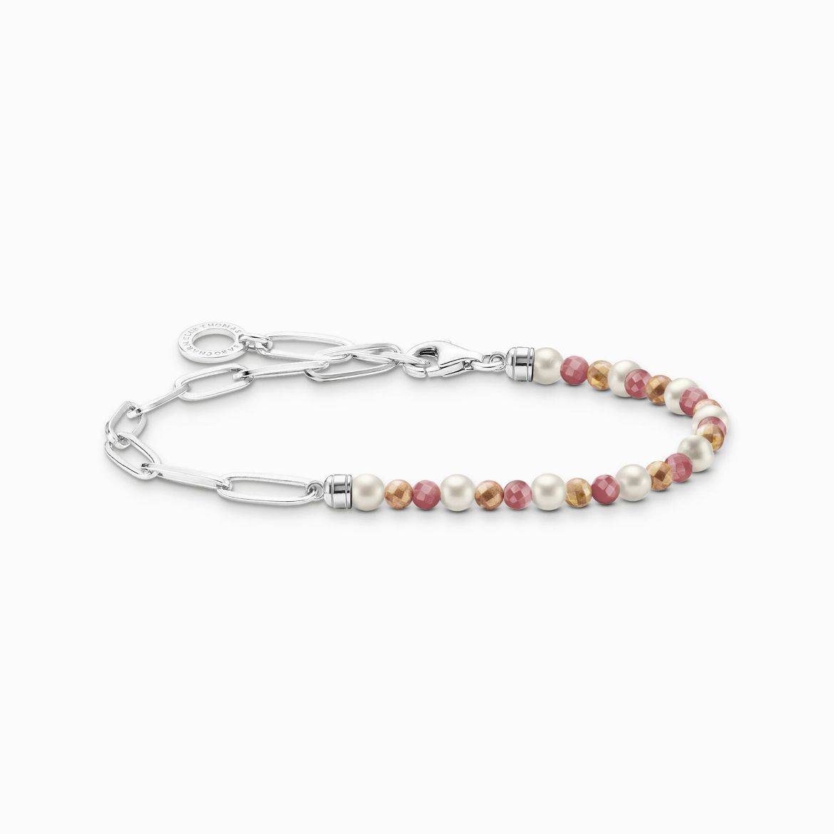 Picture of Charm Bracelet with Colourful Beads, White Pearls and Chain Links in Silver