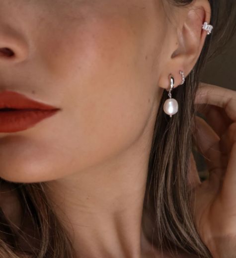 Picture of Baroque Pearl Drop Huggie Hoop Earrings Silver