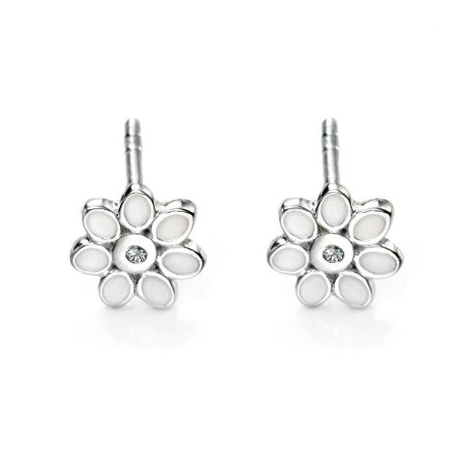 Picture of White Enamel Daisy Stud Earrings with Diamond
