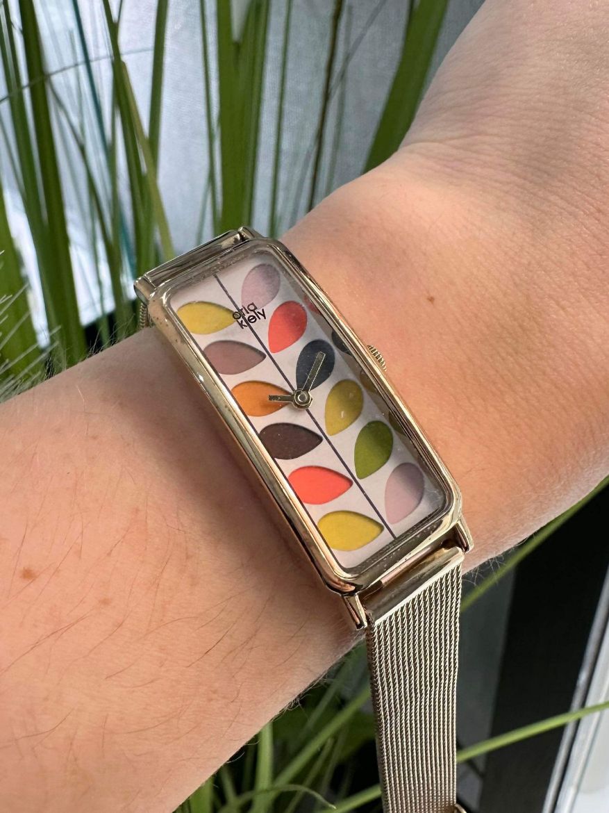 Picture of Orla Kiely Gold Rectangle Watch with Colourful Stem Flowers