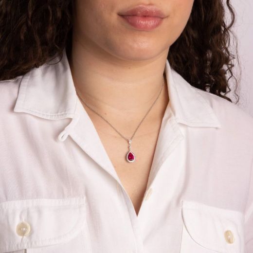 Picture of Red Stone Teardrop and Pave Surround Necklace