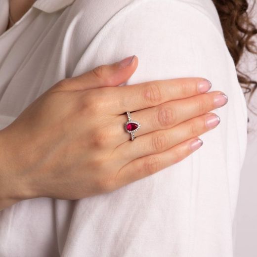 Picture of Red Stone Teardrop and Pave Surround Ring