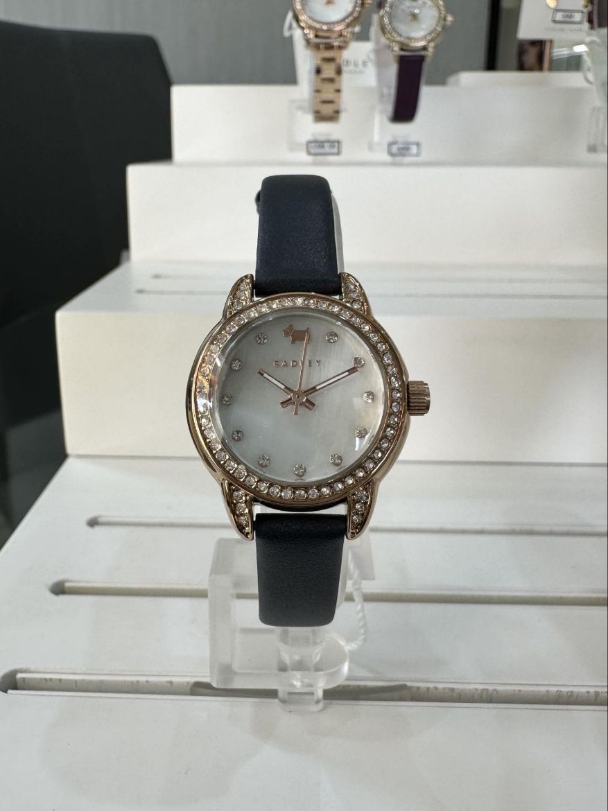 Picture of Rose Gold Watch with Cubic Zirconia and Ink Leather Strap