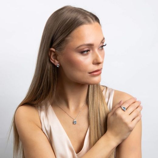 Picture of Square Aquamarine Blue Zirconia Trilogy Ring