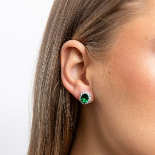 Picture of Oval Diamonfire Emerald Cluster Ear Studs 