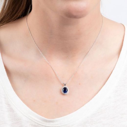 Picture of Diamonfire Sapphire Blue Oval Pendant with Pave Surround