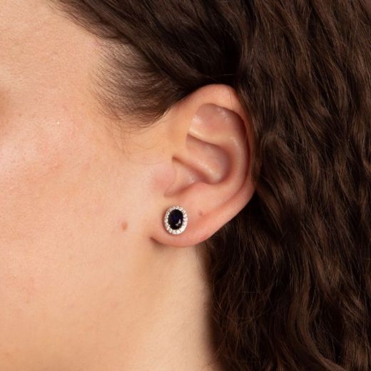 Picture of Diamonfire Sapphire Blue Oval Stud Earrings with Pave Surround