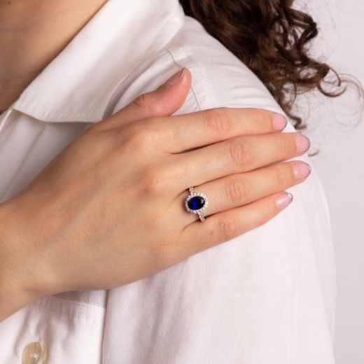Picture of Diamonfire Sapphire Blue Oval Ring with Surround