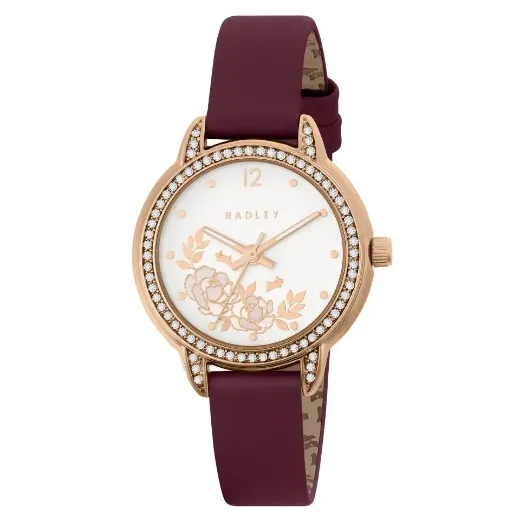 Picture of Rose Gold Plated Stone Set Floral Cranberry Red Leather Strap Analogue Watch