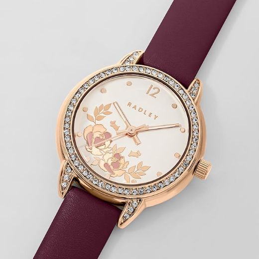 Picture of Rose Gold Plated Stone Set Floral Cranberry Red Leather Strap Analogue Watch
