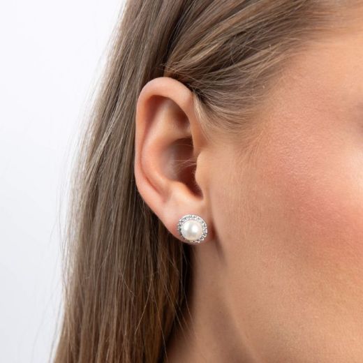 Picture of Shell Pearl and Zirconia Halo Stud Earrings Silver 