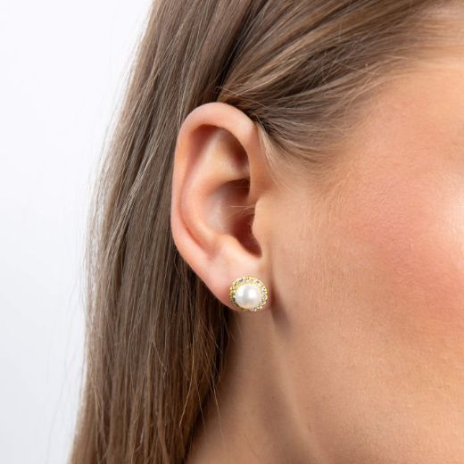 Picture of Shell Pearl and Zirconia Halo Stud Earrings Gold 