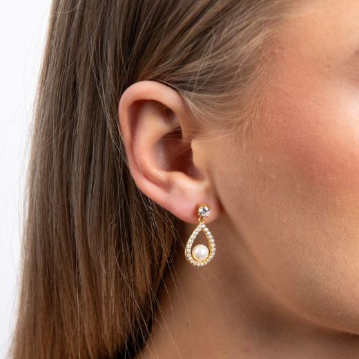 Picture of Open Halo Teardrop Earrings with Shell Pearl in Gold 