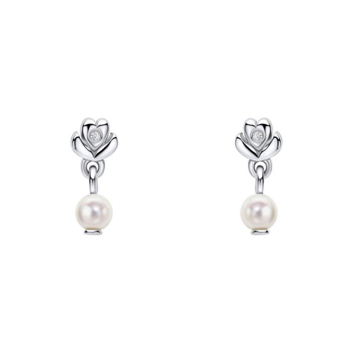 Picture of Flower Stud Earrings with Freshwater Pearl Drop and Diamond