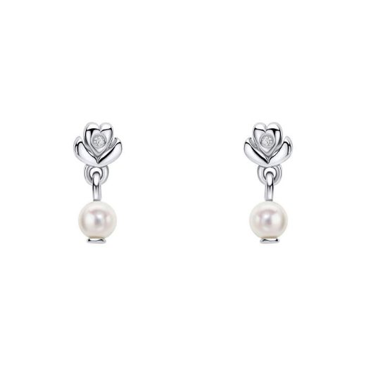 Picture of Flower Stud Earrings with Freshwater Pearl Drop and Diamond