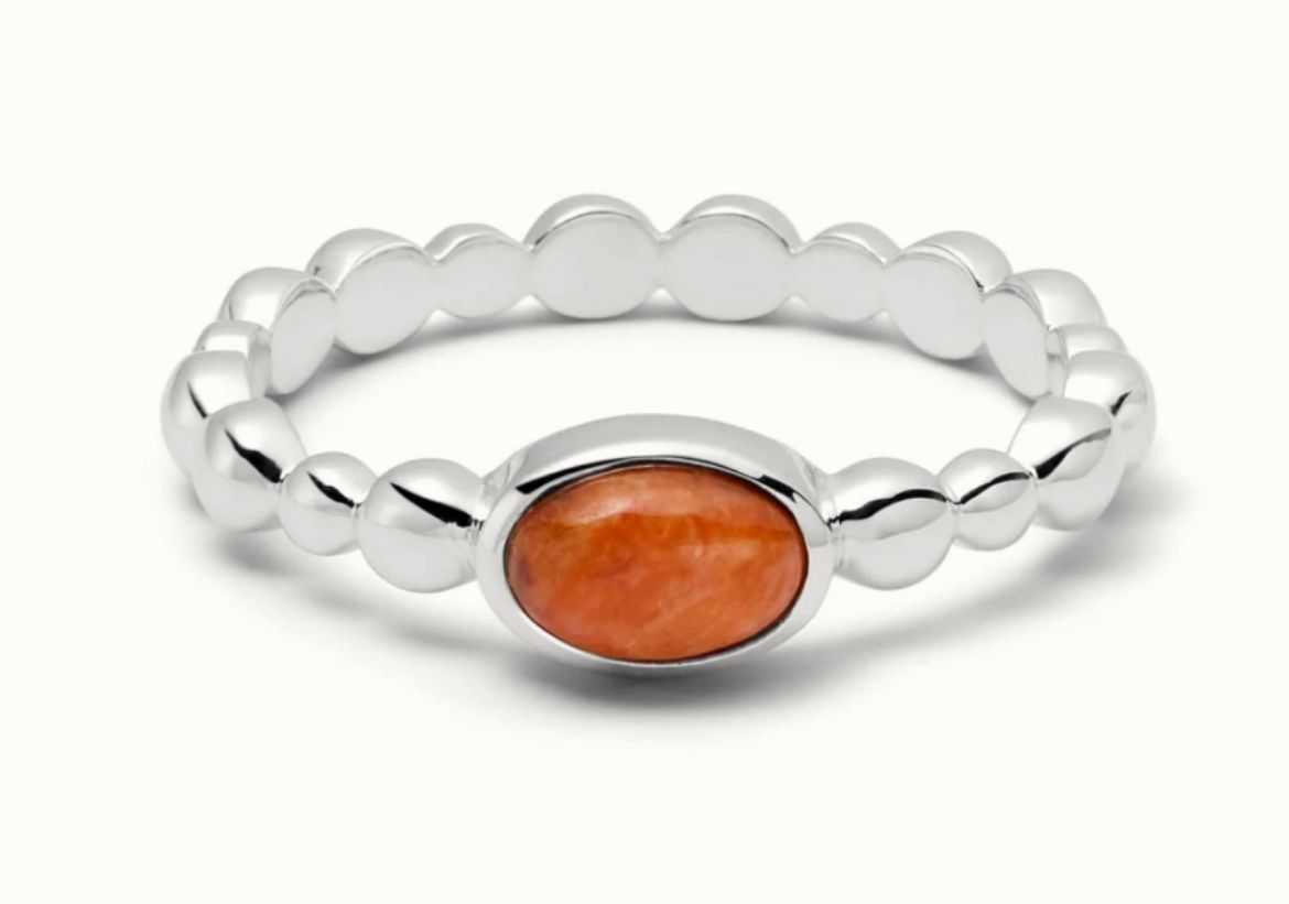 Picture of Red Coral healing bobble ring in silver